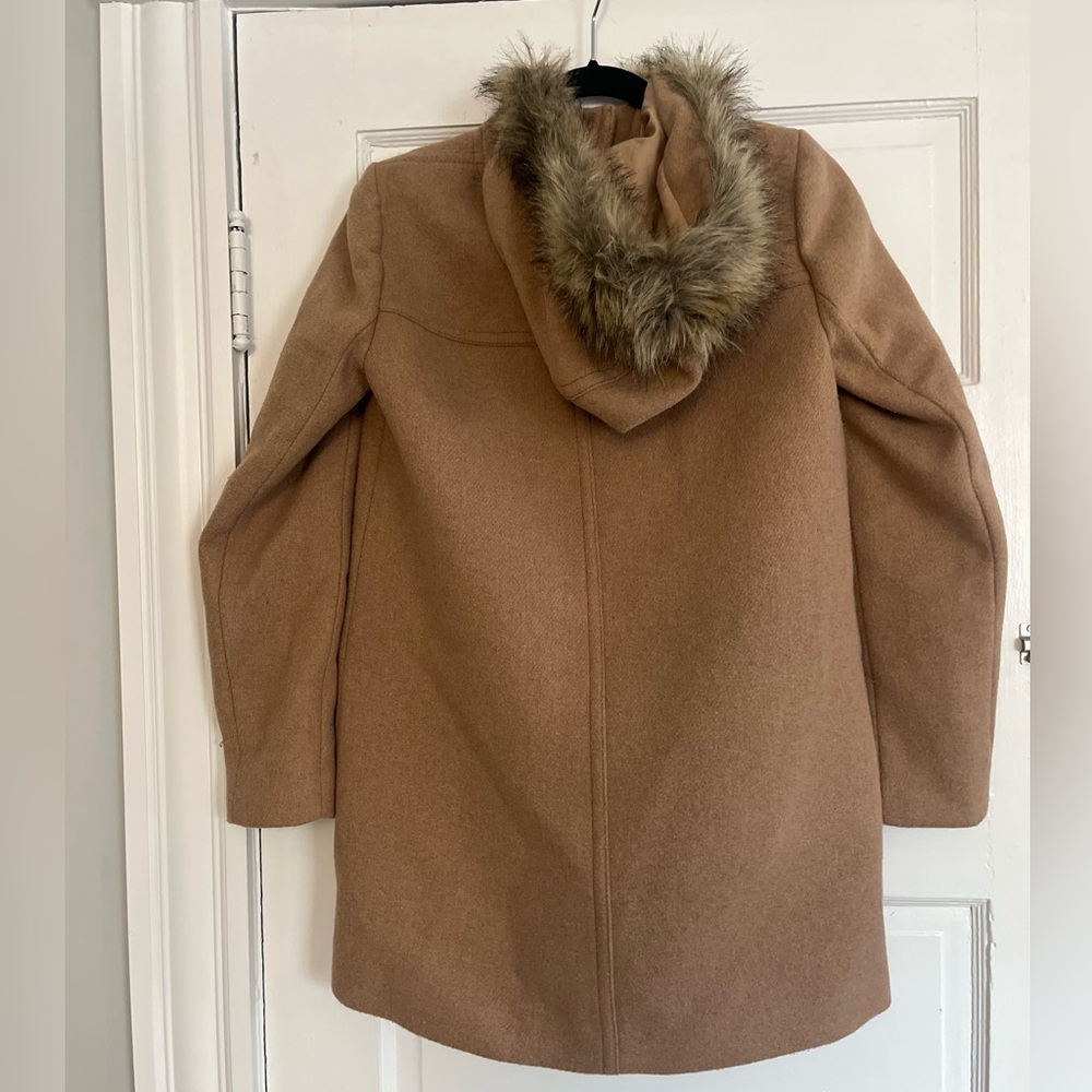 J Crew Mercantile Classic Tan Wool-Blend Coat with Front Pockets and Hood - Picture 2 of 4